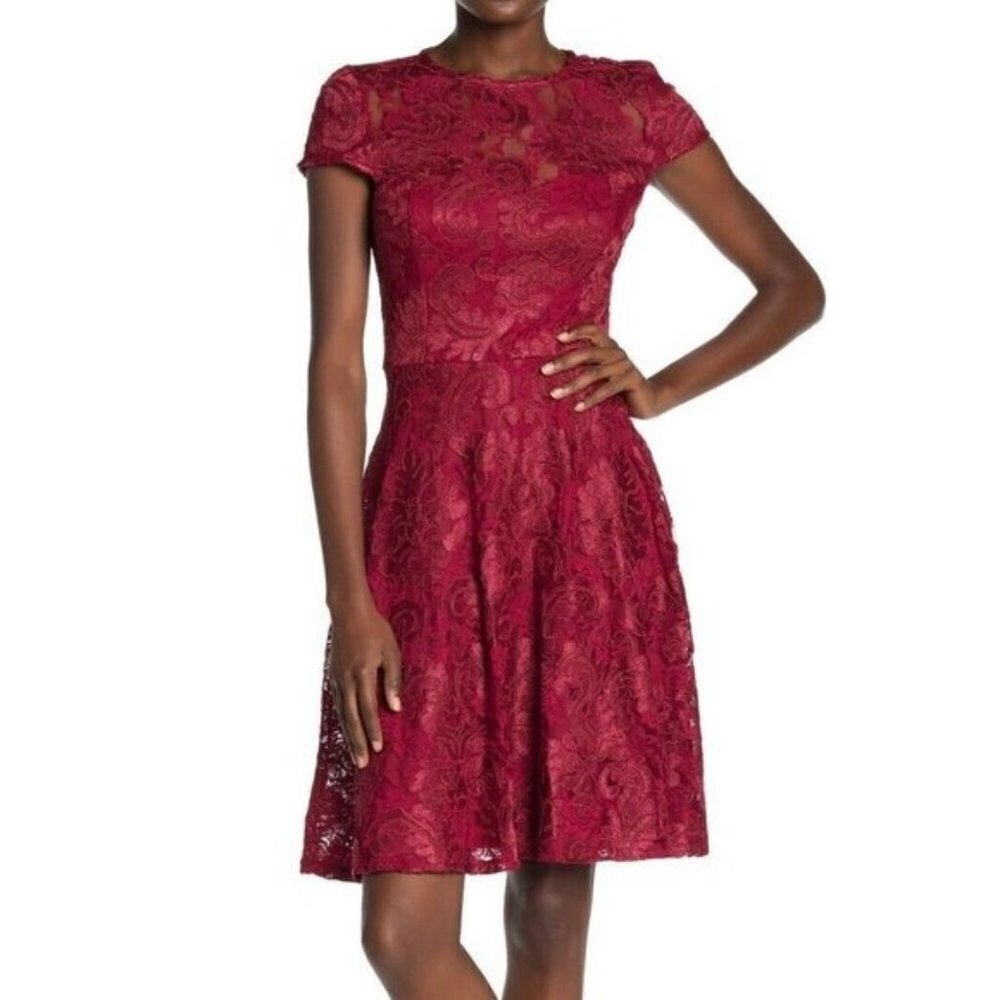 Marina Women's Red Lace Cap Sleeve Fit & Flare‎ Dress Size 6 NWT